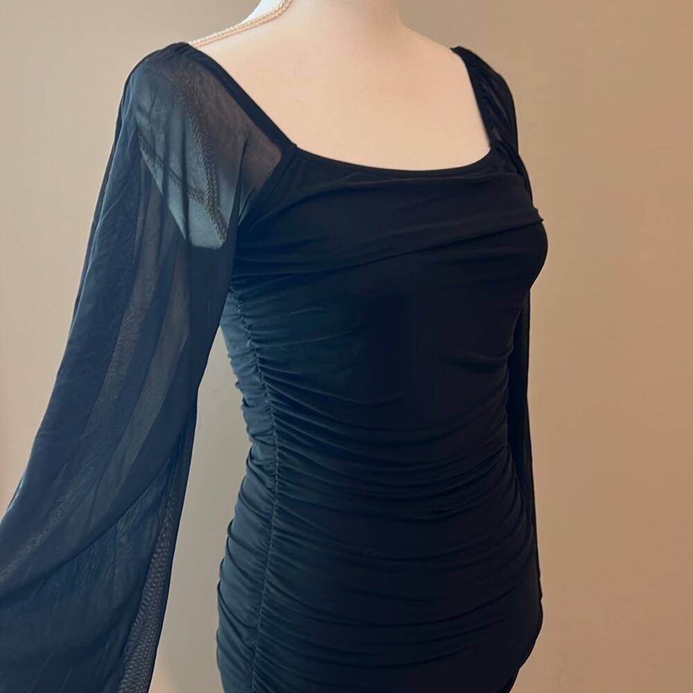 NEW Square Neck Long Sleeve Mini Ruched Bodycon Dress Stretch Cocktail Small S - Picture 10 of 16